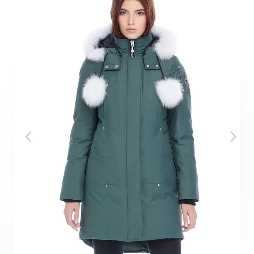 Moose Knuckles Teal Jacket with White Fur Trim